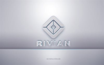Rivian 3d white logo, gray background, Rivian logo, creative 3d art, Rivian, 3d emblem