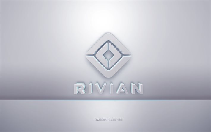 Rivian 3d logo bianco, sfondo grigio, logo Rivian, arte creativa 3d, Rivian, emblema 3d