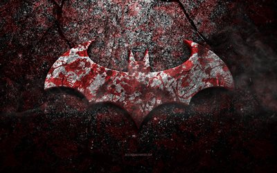 Logo de Batman, art grunge, logo de pierre de Batman, texture de pierre rouge, Batman, texture de pierre de grunge, embl&#232;me de Batman, logo 3d de Batman