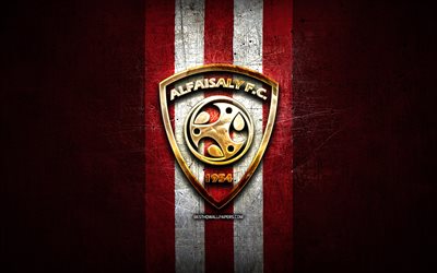 Al-Faisaly FC, kultainen logo, Saudi Professional League, punainen metallitausta, jalkapallo, Al Faisaly, saudi-jalkapalloseura, Al-Faisaly-logo, Al-Faisaly SC