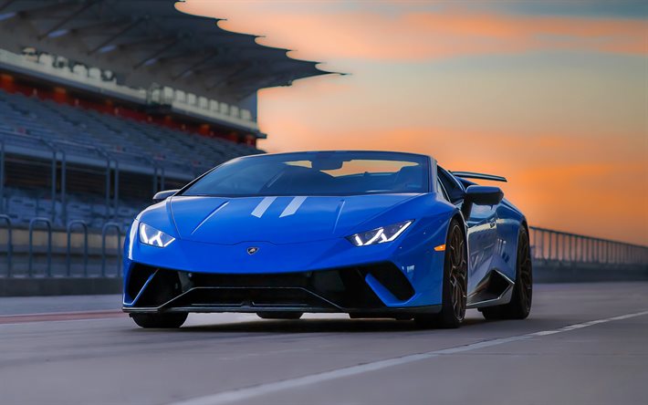 Lamborghini Huracan, roadster, vista frontal, pista de corrida, blue Huracan, supercarros, carros esportivos italianos, Lamborghini