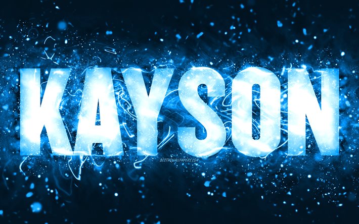 Happy Birthday Kayson, 4k, blue neon lights, Kayson name, creative, Kayson Happy Birthday, Kayson Birthday, popular american male names, picture with Kayson name, Kayson
