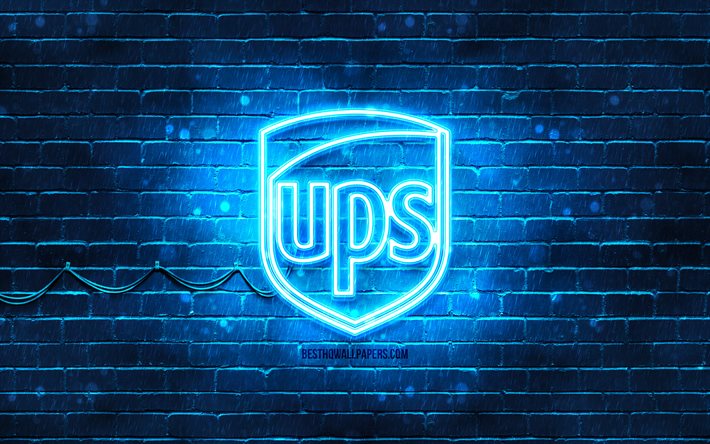 ups blaues logo, 4k, blaue ziegelmauer, ups-logo, marken, ups neon-logo, ups