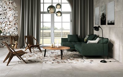 stylish living room design, modern interior, loft style, mosaic on the walls, living room, gray concrete walls, loft style living room, idea for a living room