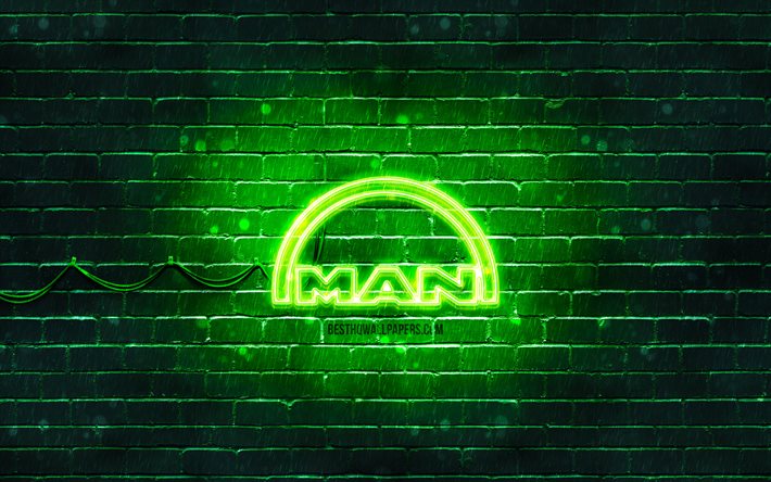 MAN logo verde, 4k, muro di mattoni verde, logo MAN, marchi, logo MAN neon, MAN