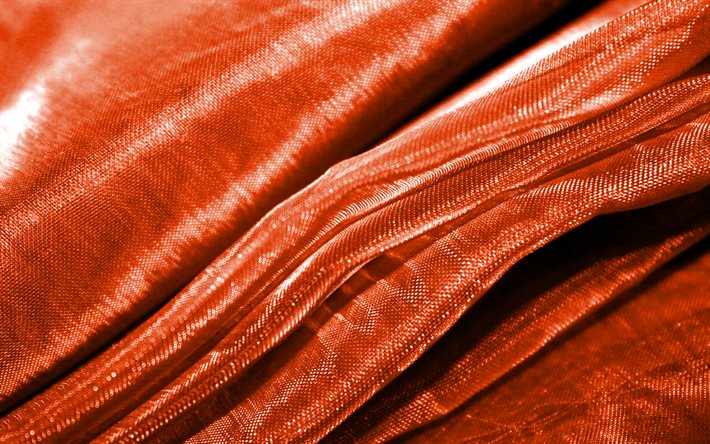 turuncu dalgalı kumaş arka plan, 4K, dalgalı doku dokusu, makro, turuncu tekstil, dalgalı kumaş dokuları, tekstil dokuları, kumaş dokuları, turuncu arka planlar, kumaş arka planları