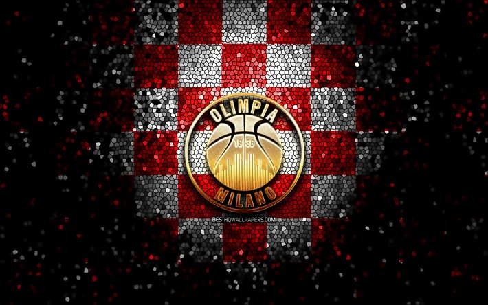 Olimpia Milano, logo glitterato, LBA, sfondo a scacchi bianco rosso, basket, club italiano di basket, logo Olimpia Milano, mosaico, Lega Basket Serie A