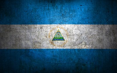 Nicaraguan metal flag, grunge art, North American countries, Day of Nicaragua, national symbols, Nicaragua flag, metal flags, Flag of Nicaragua, North America, Nicaraguan flag, Nicaragua
