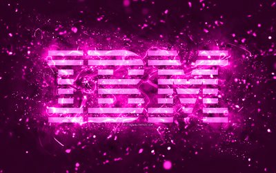 IBM purple logo, 4k, purple neon lights, creative, purple abstract background, IBM logo, brands, IBM