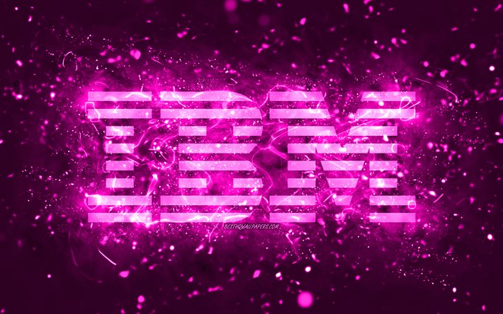 IBM lila logotyp, 4k, lila neonljus, kreativ, lila abstrakt bakgrund, IBM -logotyp, varum&#228;rken, IBM