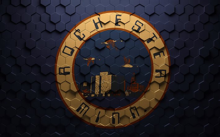 Bandeira de Rochester, Minnesota, arte do favo de mel, bandeira dos hex&#225;gonos de Rochester, Rochester, arte dos hex&#225;gonos 3D, bandeira de Rochester