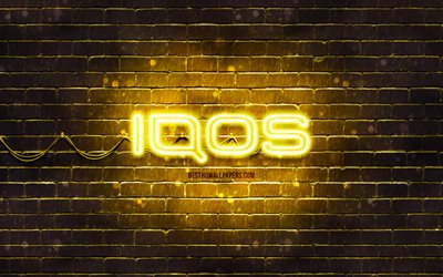 Logo IQOS giallo, 4k, muro di mattoni giallo, logo IQOS, marchi, logo neon IQOS, IQOS