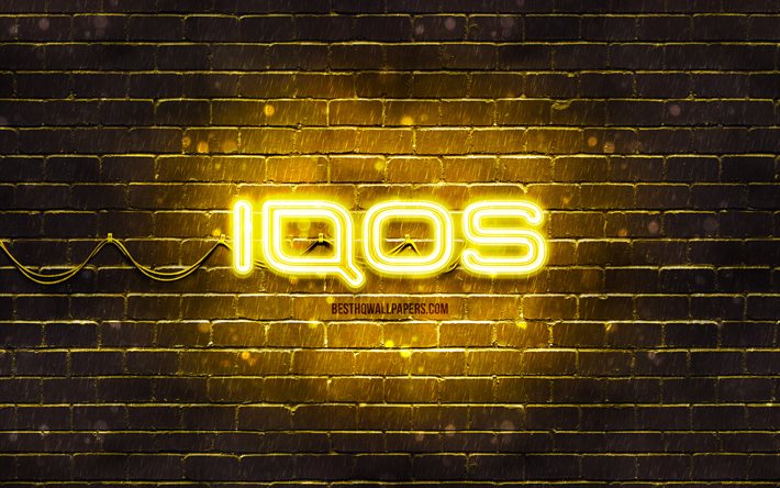 Logo jaune IQOS, 4k, mur de briques jaune, logo IQOS, marques, logo n&#233;on IQOS, IQOS