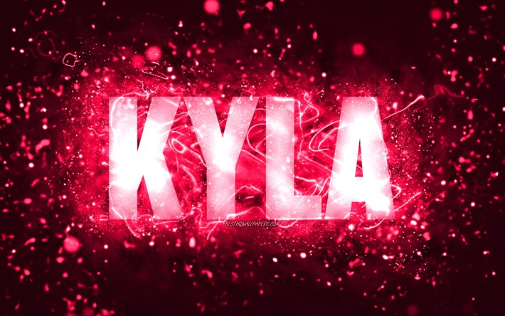 誕生日おめでとう, 4k, ピンクのネオンライト, キラの名前, creative クリエイティブ, キラの誕生日, 人気のアメリカ人女性の名前, Kylaの名前の写真, カイラ