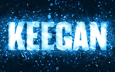 Buon Compleanno Keegan, 4k, luci al neon blu, nome Keegan, creativo, Keegan Buon Compleanno, Compleanno Keegan, nomi maschili americani popolari, foto con nome Keegan, Keegan