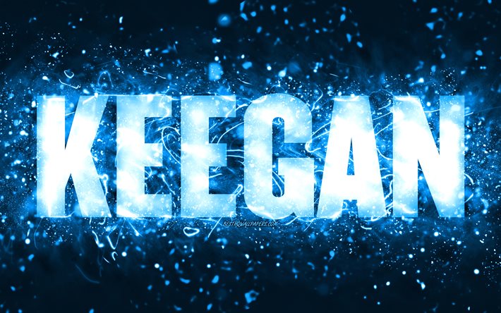 Joyeux anniversaire Keegan, 4k, n&#233;ons bleus, nom Keegan, cr&#233;atif, joyeux anniversaire Keegan, anniversaire Keegan, noms masculins am&#233;ricains populaires, photo avec le nom Keegan, Keegan