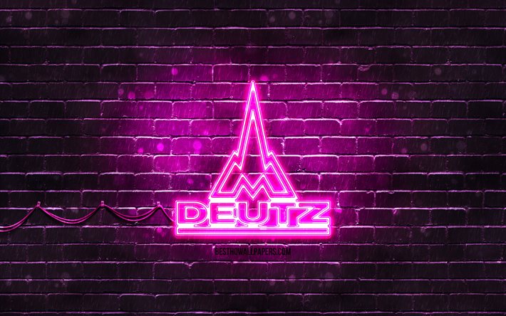 Deutz-Fahr-violetti logo, 4k, violetti tiilisein&#228;, Deutz-Fahr-logo, tuotemerkit, Deutz-Fahr-neonlogo, Deutz-Fahr