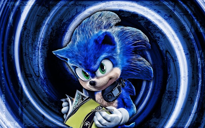 4k, Sonic, blue grunge background, Sonic the Hedgehog, vortex, Hedgehog Sonic