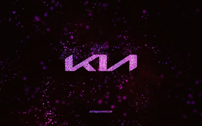 Kia glitter logo, 4k, black background, Kia logo, purple glitter art, Kia, creative art, Kia purple glitter logo