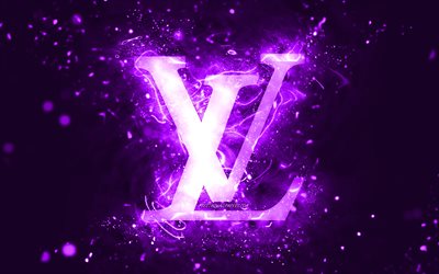 Louis Vuitton logo viola, 4k, luci al neon viola, creativo, sfondo astratto viola, logo Louis Vuitton, marchi di moda, Louis Vuitton