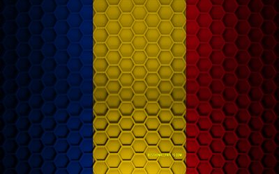 Romania flag, 3d hexagons texture, Romania, 3d texture, Romania 3d flag, metal texture, flag of Romania