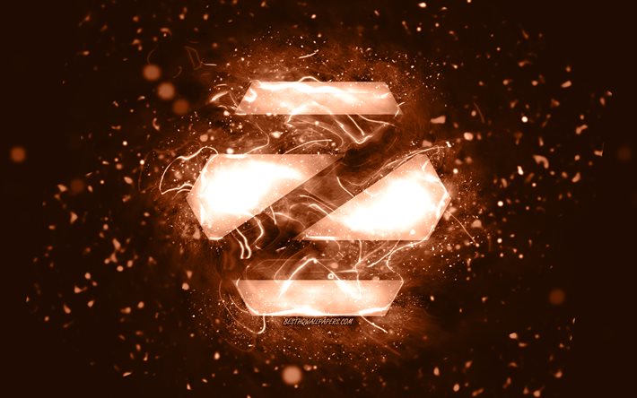 Zorin OS brown logo, 4k, brown neon lights, Linux, creative, brown abstract background, Zorin OS logo, OS, Zorin OS