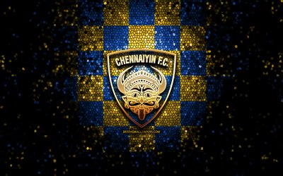 Chennaiyin FC, logotipo brilhante, ISL, fundo xadrez amarelo azul, futebol, clube de futebol indiano, logotipo do Chennaiyin FC, arte em mosaico, FC Chennaiyin, &#205;ndia