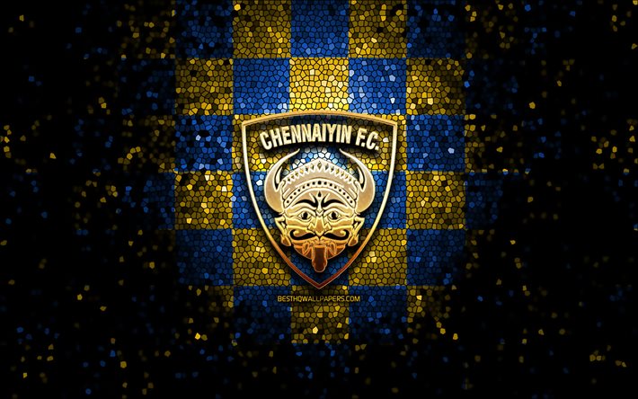 Chennaiyin FC, logo glitter, ISL, blu giallo sfondo a scacchi, calcio, squadra di calcio indiana, Chennaiyin FC logo, arte del mosaico, FC Chennaiyin, India