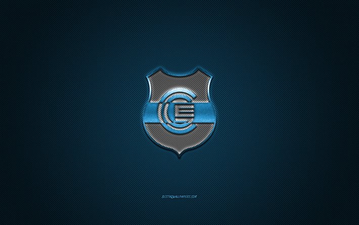 Gimnasia y Esgrima de Jujuy, club di calcio Argentino, logo blu, sfondo blu in fibra di carbonio, Primera B Nacional, calcio, San Salvador de Jujuy, Argentina, Gimnasia y Esgrima de Jujuy logo