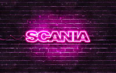 Logo Scania viola, 4k, muro di mattoni viola, logo Scania, marchi, logo al neon Scania, Scania