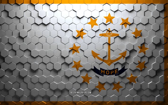 Bandeira de Rhode island, arte de favo de mel, bandeira de hex&#225;gonos de Rhode island, Rhode island, arte em 3D de hex&#225;gonos, bandeira de Rhode island
