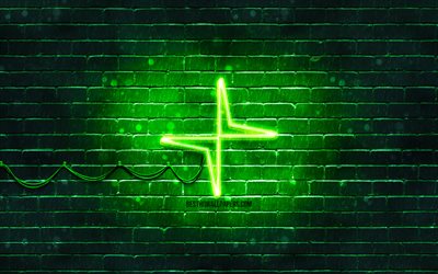 Polestar green logo, 4k, green brickwall, Polestar logo, cars brands, Polestar neon logo, Polestar