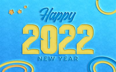 2022イエローカット桁, 4k, 明けましておめでとうございます, 青い紙の背景, 2022年, 2022年のコンセプト, 2022年新年, 紙の背景に2022, 2022年の数字