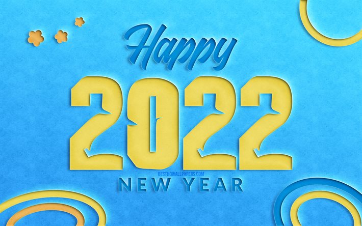2022イエローカット桁, 4k, 明けましておめでとうございます, 青い紙の背景, 2022年, 2022年のコンセプト, 2022年新年, 紙の背景に2022, 2022年の数字
