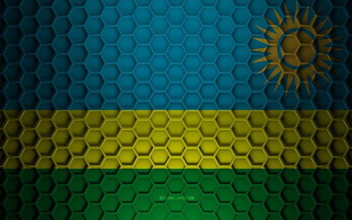 Drapeau du Rwanda, texture des hexagones 3d, Rwanda, texture 3d, drapeau du Rwanda 3d, texture en m&#233;tal, drapeau du Rwanda