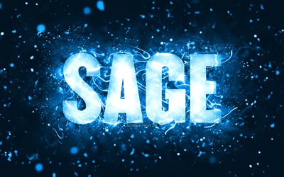 Happy Birthday Sage, 4k, blue neon lights, Sage name, creative, Sage Happy Birthday, Sage Birthday, popular american male names, picture with Sage name, Sage