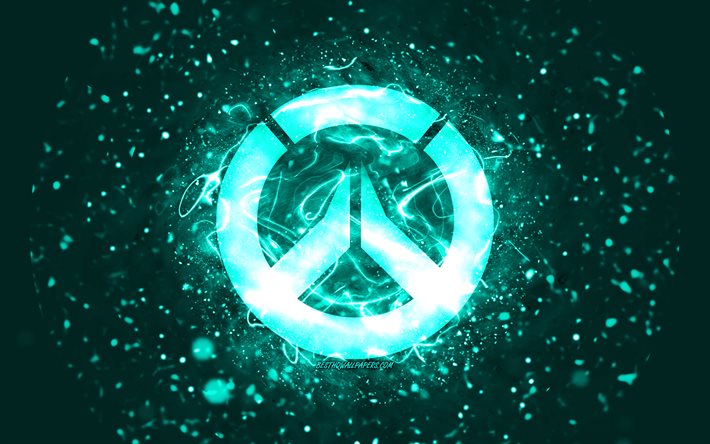 Logo turquoise Overwatch, 4k, n&#233;ons turquoise, cr&#233;atif, fond abstrait turquoise, logo Overwatch, jeux en ligne, Overwatch