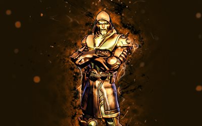 Gold Foil Doctor Doom, 4k, luzes de n&#233;on marrons, Fortnite Battle Royale, Personagens Fortnite, Gold Foil Doctor Doom Skin, Fortnite, Gold Foil Doctor Doom Fortnite