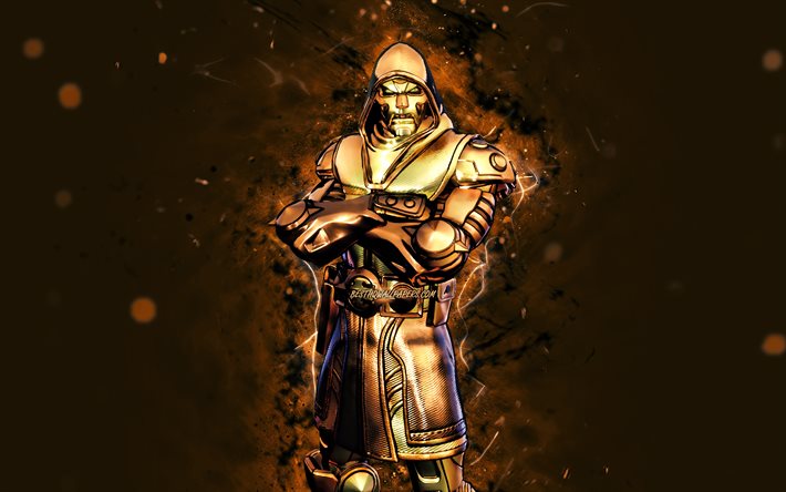Gold Foil Doctor Doom, 4k, ruskeat neonvalot, Fortnite Battle Royale, Fortnite -hahmot, Gold Foil Doctor Doom Skin, Fortnite, Gold Foil Doctor Doom Fortnite
