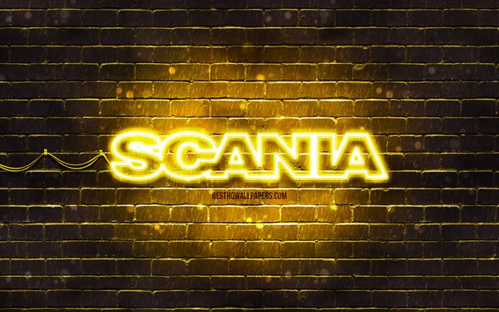 Logo jaune Scania, 4k, mur de briques jaune, logo Scania, marques, logo n&#233;on Scania, Scania