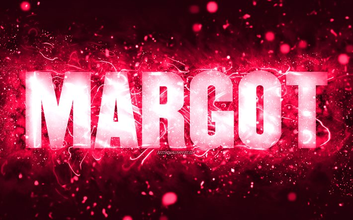 Buon Compleanno Margot, 4k, luci al neon rosa, nome Margot, creativo, Margot Buon Compleanno, Compleanno Margot, nomi femminili americani popolari, foto con nome Margot, Margot
