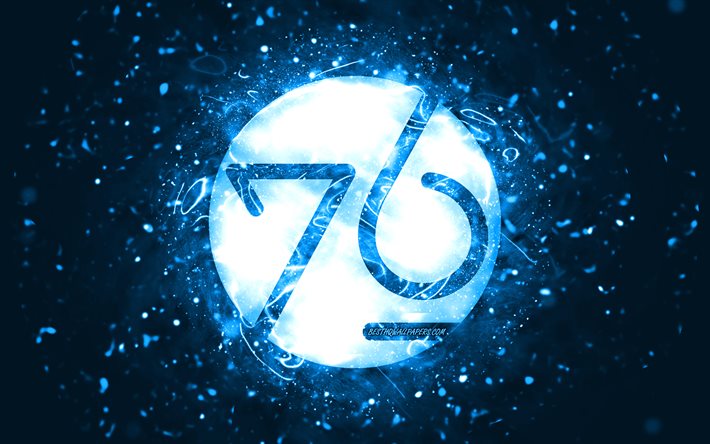 system76 blaues logo, 4k, blaue neonlichter, linux, kreativ, blauer abstrakter hintergrund, system76-logo, betriebssystem, system76