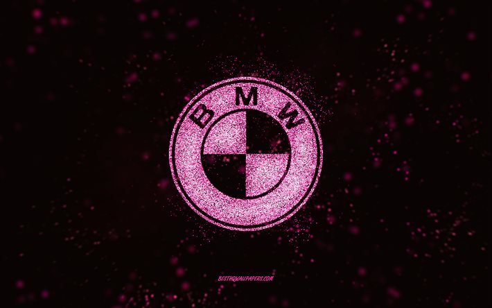 BMW parıltılı logo, 4k, siyah arka plan, BMW logosu, mor parıltılı sanat, BMW, yaratıcı sanat, BMW mor parıltılı logo