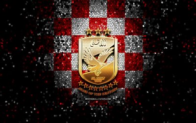 Al Ahly SC, glitterlogotyp, egyptisk Premier League, rödvit rutig bakgrund, EPL, fotboll, egyptisk fotbollsklubb, Al Ahly -logotyp, mosaikkonst, Al Ahly FC