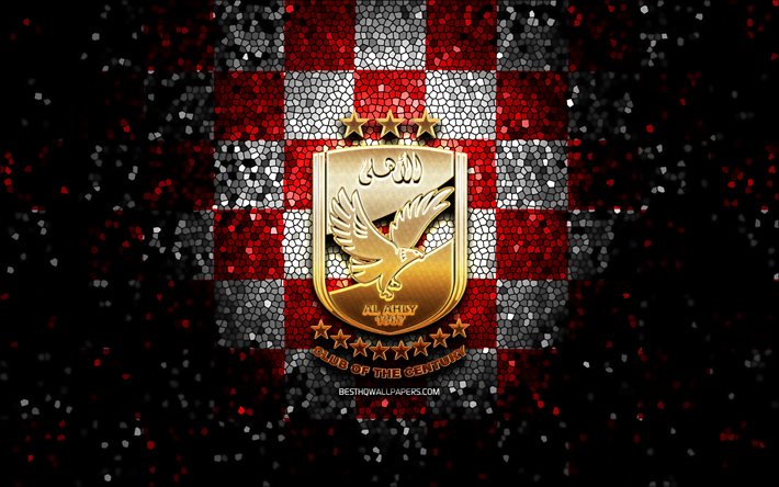 Al Ahly SC, glitterlogotyp, egyptisk Premier League, rödvit rutig bakgrund, EPL, fotboll, egyptisk fotbollsklubb, Al Ahly -logotyp, mosaikkonst, Al Ahly FC
