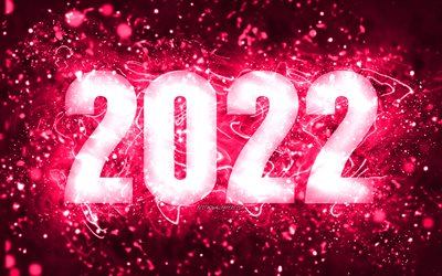 4k, Happy New Year 2022, pink neon lights, 2022 concepts, 2022 new year, 2022 on pink background, 2022 year digits, 2022 pink digits