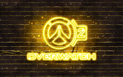 Overwatch 2 yellow logo, 4k, yellow brickwall, Overwatch 2 logo, games brands, Overwatch 2 neon logo, Overwatch 2