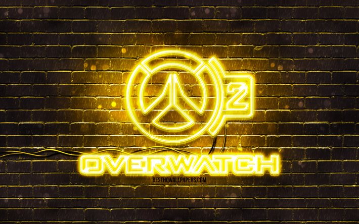 Overwatch 2 sarı logo, 4k, sarı brickwall, Overwatch 2 logosu, oyun markaları, Overwatch 2 neon logosu, Overwatch 2