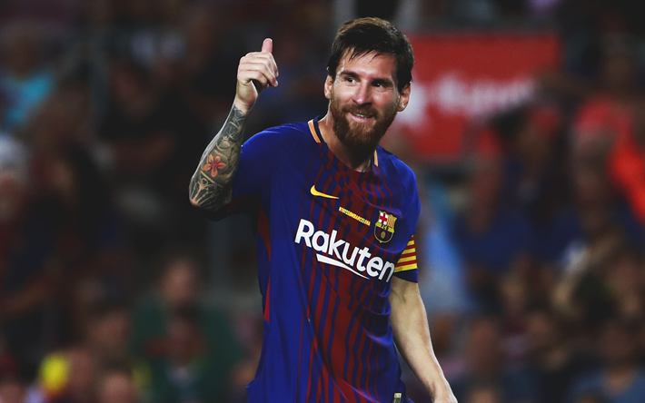 Leo Messi, pulgar hacia arriba, a las estrellas del f&#250;tbol, La Liga espa&#241;ola, Lionel Messi, del FC Barcelona