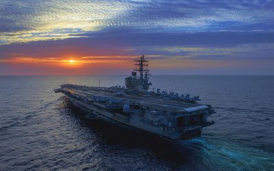 USS Ronald Reagan, ocean, sunset, CVN-76, aircraft carrier